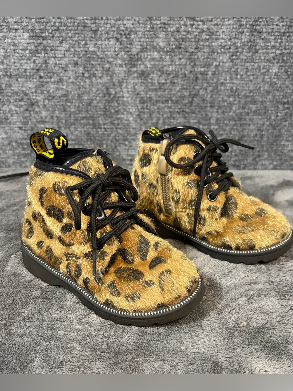 Maylees Leopard Faux Fur Boots Toddler Size 7 7.5 Brown‎ Lace Up Lug Sole Zip